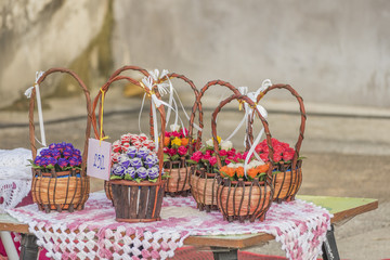 Fototapeta na wymiar Flowers in wood basket