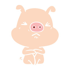 flat color style cartoon angry pig sat waiting