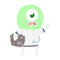 flat color style cartoon cyclops alien spaceman waving