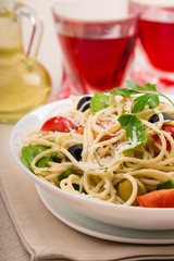 Spaghetti with Tomatoes and Black and Green Olives