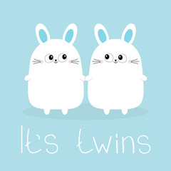 Obraz na płótnie Canvas Its twins. Two boys. Cute twin bunny rabbit set holding hands. Hare head couple family icon. Cute cartoon funny smiling character set. Blue background. Isolated. Flat design