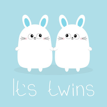 Its twins. Two boys. Cute twin bunny rabbit set holding hands. Hare head couple family icon. Cute cartoon funny smiling character set. Blue background. Isolated. Flat design