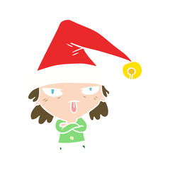 flat color style cartoon girl wearing christmas hat