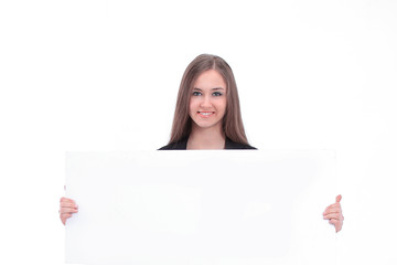 Fototapeta premium young business woman showing blank poster. isolated on a white