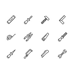 Simple set work tools, repair tools for locksmith and craft workshop for foreman vector line icon. Contains such icons hammer, screwdriver, level, pliers, tongs, saw, rasp, awl, wrench and other.