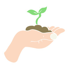 Fototapeta na wymiar flat color illustration of a cartoon seedling growing held in hand