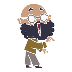 flat color style cartoon joyful man with beard pointing finger