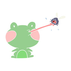 cute flat color style cartoon frog catching fly with tongue