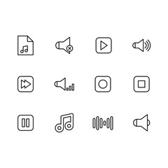 Simple set music buttons for play audio and sound vector line icon. Contains such icons music play, stop, pause, rewind next track, sound track, volume, speaker off and on, note.