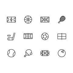 Simple set sports and active lifestyle vector line icon. Contains such icons football, hockey, basketball, tennis, soccer field, ball, racket, hockey stick, puck, ping pong.