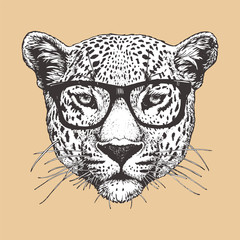 Portrait of Leopard with glasses, hand-drawn illustration, vector