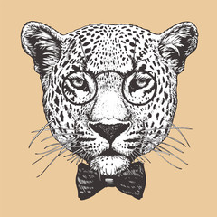 Portrait of Leopard with glasses and bow tie, hand-drawn illustration, vector