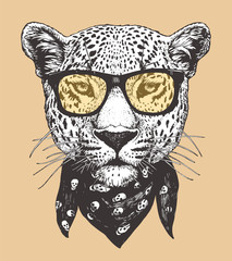 Portrait of Leopard with glasses and scarf, hand-drawn illustration, vector