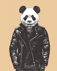 Portrait of Panda dressed up in leather jacket, hand-drawn illustration, vector © Victoria Novak
