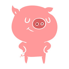 happy flat color style cartoon pig