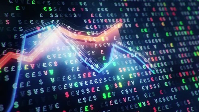 Abstract background with animation of growth graph of stock market on screen of trading board with abstract quotes tickers, words about business or technology, binary code. Animation of seamless loop.