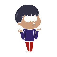 flat color style cartoon curious boy shrugging shoulders