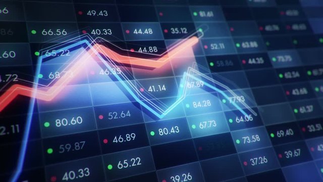 Abstract background with animation of growth graph of stock market on screen of trading board with abstract quotes tickers, words about business or technology, binary code. Animation of seamless loop.
