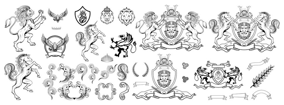 heraldry, heraldic crest or coat of arms, heraldic elements for your design, engraving, vintage retro style, heraldry animals emblem, animals logo, vector graphics to design