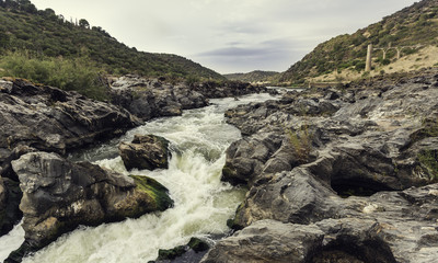 Rapids of the river with rock covered with green and yellow moss