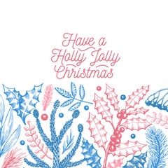 Greeting Christmas card in vintage style. Vector hand drawn illustrations. Banner with coniferous, pine branches, berries, holly, mistletoe. Winter forest background. Merry Christmas template.