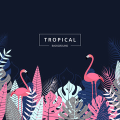 Tropical background with Flamingo bird. Tropical leaves and flower. Jungle exotic leaf on dark background for promotion banner design, flyer, party poster, printing and website. Vector illustration.
