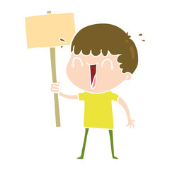 laughing flat color style cartoon man waving placard