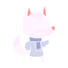 flat color style cartoon wolf in winter clothes