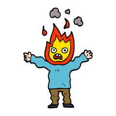cartoon doodle man with head on fire