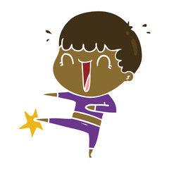 laughing flat color style cartoon man karate kicking