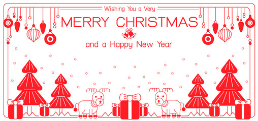 Merry Christmas and Happy New Year greeting card,banner templates  in outline linear, line art style with deer, gifts, festive decorations, holiday attributes and Christmas tree. Vector illustration.