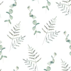 Fotobehang Aquarel bladerprint Aquarel naadloze patroon witn eucalyptus en varens tak. Hand getekende illustratie. Bloemen achtergrond