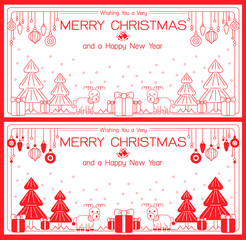 Merry Christmas and Happy New Year greeting card,banner templates  in outline linear, line art style with deer, gifts, festive decorations, holiday attributes and Christmas tree. Vector illustration.