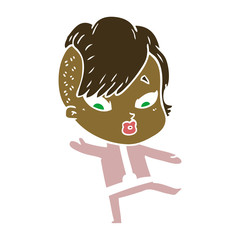 flat color style cartoon surprised girl in science fiction clothes