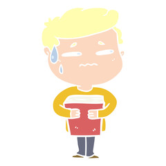 flat color style cartoon anxious boy carrying book