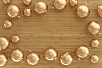 3d render of a collection of golden christmas baubles on wooden background