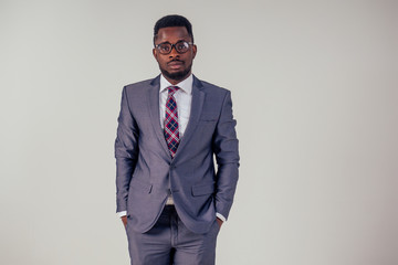 portrait african businessman american man in stylish suit wear glasses studio shot on white background