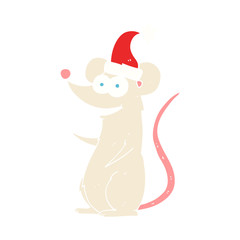 flat color illustration of a cartoon mouse wearing christmas hat