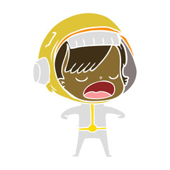 flat color style cartoon astronaut woman explaining