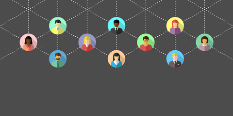 Networking concept with diverse people and dotted lines. Network banner  in flat design on dark grey background.
