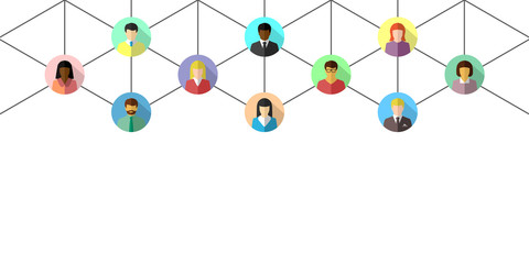 Network concept with diverse people connected by lines. Abstract business and social networking banner on white background.