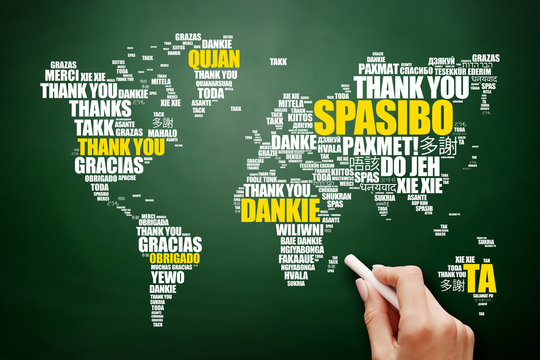 Thank You in many languages World Map in Typography word cloud on blackboard