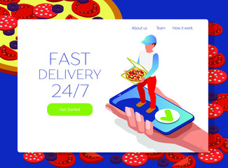 Site layout for ordering pizza online via smartphone and delivery 24/7. Pizza courier in uniform with hot tasty pizza in hand. Isometric 3d