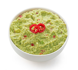 Fresh avocado guacamole top view isolated on white background