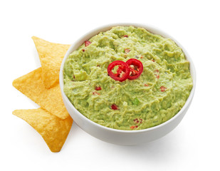 Fresh avocado guacamole top view isolated on white background