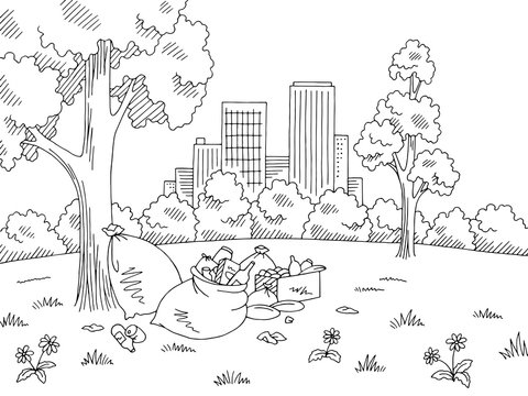 Garbage in nature park graphic black white landscape sketch illustration vector