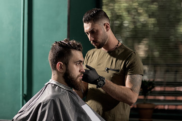 Brutal man sits at a barber shop. Barber makes a trim