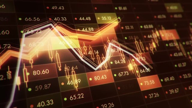 Abstract background with animation of growth graph of stock market on screen of trading board with abstract quotes tickers, words about business or technology, binary code. Animation of seamless loop.