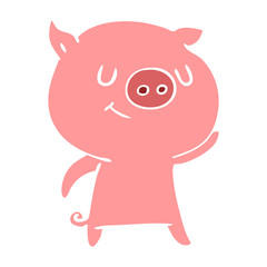 happy flat color style cartoon pig