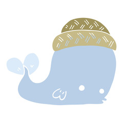 flat color style cartoon whale wearing hat